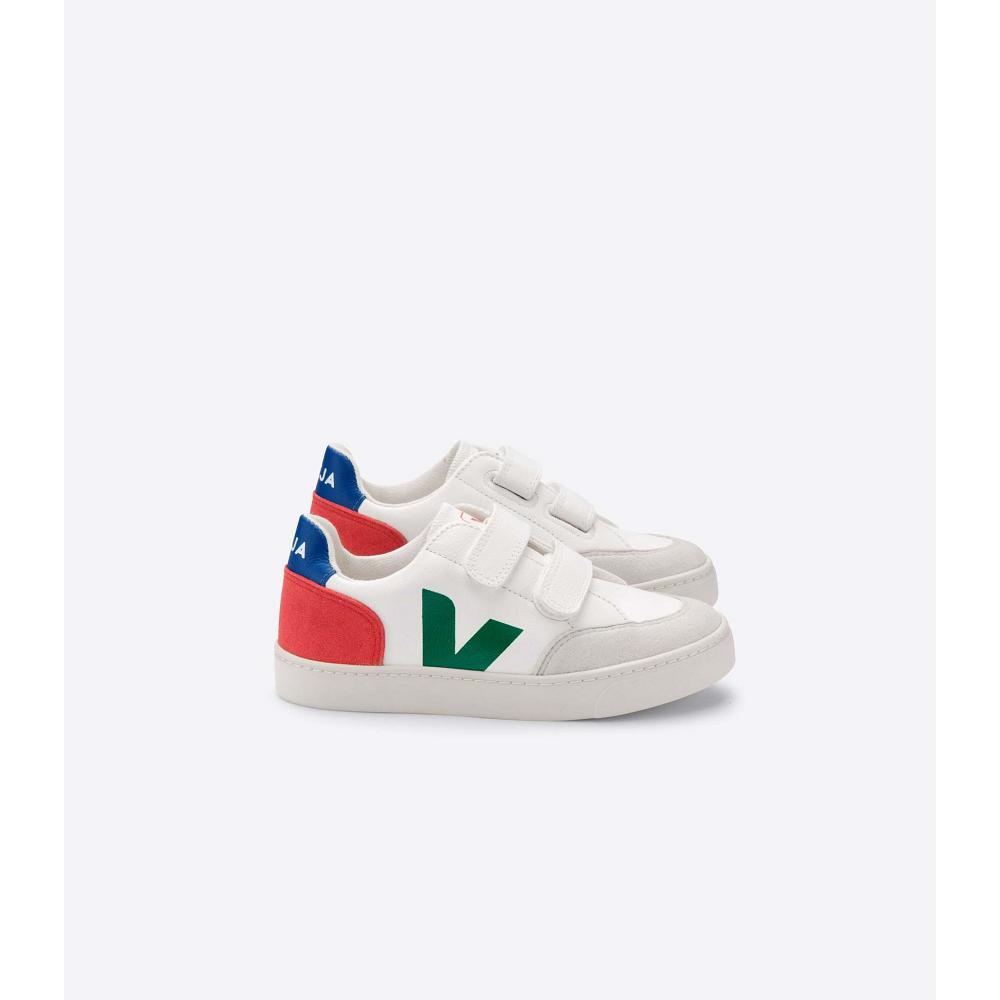 Veja V-12 LEATHER Kids\' Sneakers White/Green/Red | CA 875CTV